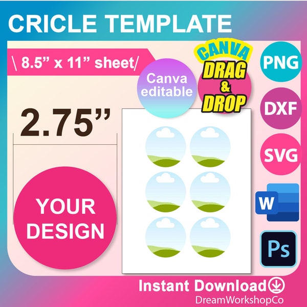 2.75 inch Circle Template,  Multipurpose Labels SVG, DXF, Circle Label template, Canva, Ms Word docx, Png, Psd, 8.5"x11" sheet