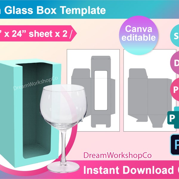 Gin Glass Box Template, Gift Box Template, with Window  SVG, Canva, DXF, Pub, Png, Psd, 12 "x 24" size sheet, Printable