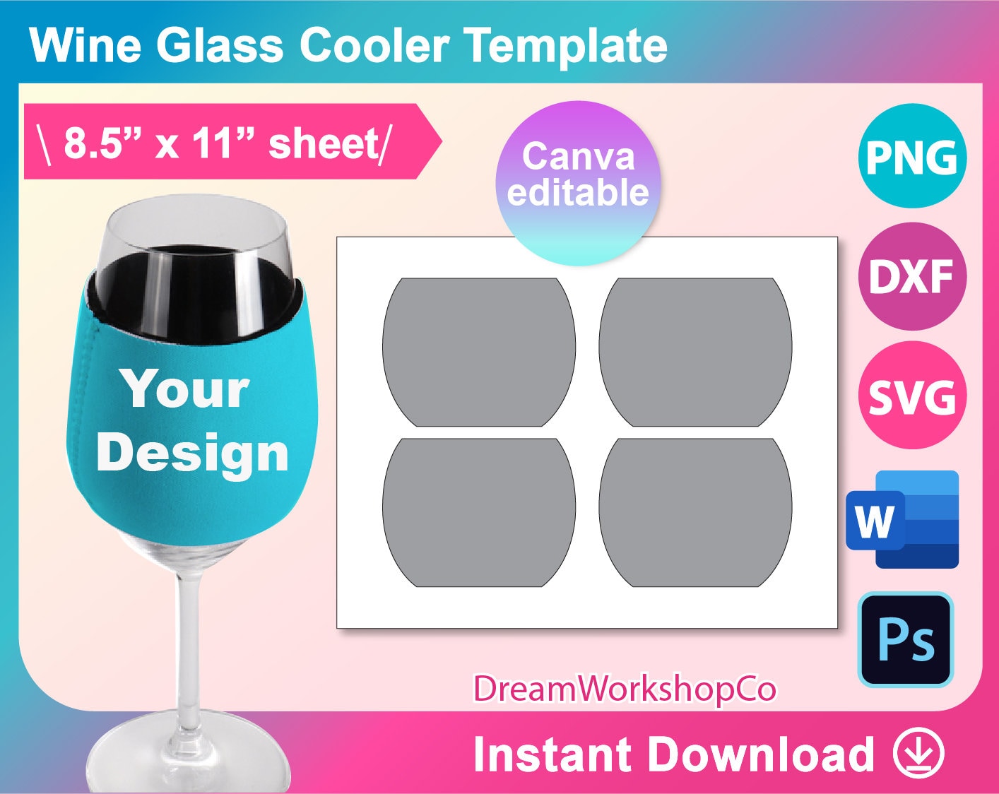 Wine Glass Cooler Template, Wine Glass Cooler Sublimation Template, SVG, Canva, DXF, DOCX, Png, Psd, 8.5"x11" sheet