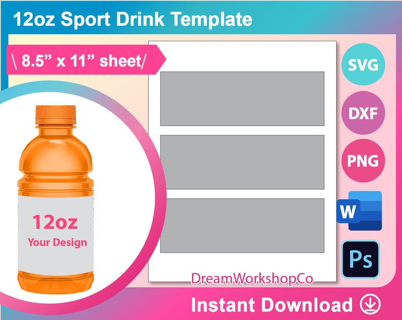K&ouml;nnte beinhalten: Eine Vorlage f&uuml;r ein 12oz Sportgetr&auml;nke-Etikett. Die Vorlage ist auf einem Blatt Papier im Format 8,5 Zoll x 11 Zoll. Die Vorlage hat drei rechteckige Bereiche f&uuml;r Text oder Bilder. Die Vorlage ist in den Formaten SVG, DXF, PNG, Word und Photoshop verf&uuml;gbar.