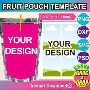 Juice Bag Pouch Label Template, SVG, Canva, DXF, Ms Word Docx, Png, Psd, 8.5&quot;x11&quot; sheet, Printable
