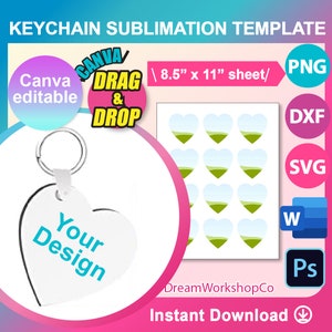 Modelo de chaveiro em formato de coração, modelo de sublimação de chaveiro em formato de coração, SVG, Canva, DXF, Ms Word docx, Png, Psd, folha de 8,5" x 11", para impressão