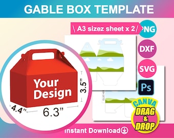 Gable Box Template, Box with Handle Template Canva，SVG, DXF, Ms Word Docx, Png, Psd, A3 sheet, Printable
