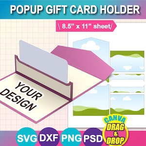 Op de afbeelding: Een pop-up cadeaukaarthouder met een roze en wit ontwerp. De houder is open en toont de tekst "YOUR DESIGN". De afbeelding toont ook een vel met landschapsafbeeldingen en de tekst "8,5" x 11" sheet/". Het ontwerp bevat de bestandsformaten SVG, DXF, PNG en PSD.