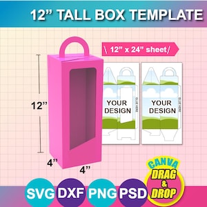 May include: A pink box template, 30 cm tall, with a handle and a window. The design includes dimensions of 10 cm wide. The text reads "12" TALL BOX TEMPLATE" and "12" x 24" sheet". Additional templates are shown with the text "YOUR DESIGN".