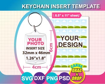 Plantilla de llavero con inserto de foto de acrílico de 4 cm x 6 cm, SVG, DXF, Ms Word Docx, Png, Psd, hoja de 8.5" x 11".