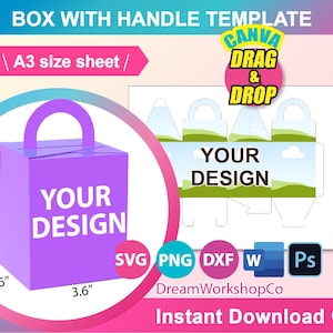 Modèle de boîte avec poignée, Svg, boîte cadeau, boîte de faveur de mariage, boîte de bonbons, toile, SVG, DXF, Mme Word Docx, Png, Psd, feuille A3, imprimable