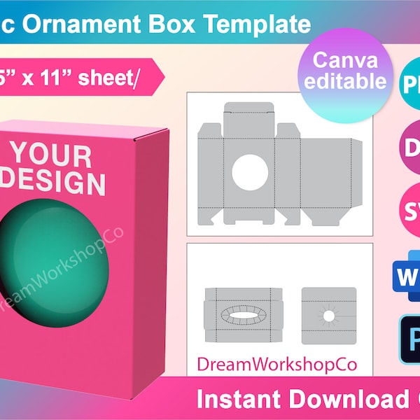 3.25" Flat Disc Ornament Box, Flat Disc Ornament Gift Box, SVG, DXF, Ms Word Docx, Png, Psd, 8.5" x 11" sheet, Printable