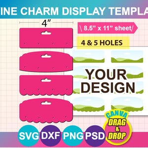 以下が含まれることがあります： 「WINE CHARM DISPLAY TEMPLATE」の文字が入ったピンク色のワインチャームディスプレイテンプレート。テンプレートには、それぞれ約10cm幅の4つの異なる形状のピンク色の切り抜きがあり、吊り下げ用の穴があります。デザインには「YOUR DESIGN」という文字が入ったシートも含まれています。