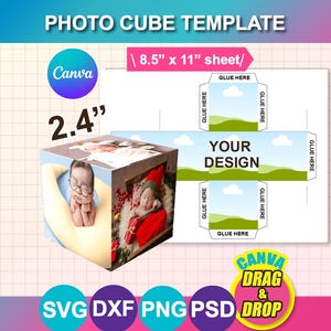 以下が含まれることがあります： 「PHOTO CUBE TEMPLATE」のテキストが入ったフォトキューブテンプレート。 キューブは6.1cmで、赤ちゃんの写真を表示します。 テンプレートには、「YOUR DESIGN」と「GLUE HERE」のエリアがある、平らで展開されたデザインが含まれています。 デザインは21.6cm x 28cmのシート用です。