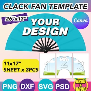 Modello per sublimazione di ventaglio clack 26x13, modello per ventaglio cinese, modello per ventaglio clack, Canva, PSD, PNG e SVG, foglio 11x17", stampabile