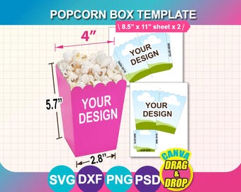 Pop Corn Box Template, Snack Box (svg, dxf, png, psd) 8.5"x11" Sheet