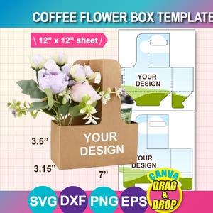 Puede incluir: Una plantilla de caja de flores de café marrón con el texto "YOUR DESIGN" y dimensiones de 8,89 cm x 8,00 cm x 17,78 cm. La caja contiene un ramo de flores moradas y blancas y una taza de café. La plantilla incluye formatos de archivo SVG, DXF, PNG y EPS.