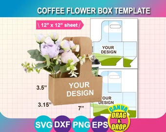 Flower Box Template, Drink Carrier Template,  Coffee Gift Box Template, Coffee Cup Holder, Canva, SVG, DXF, Png, EPS, Instant Download