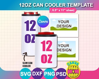 12oz Can Cooler Template, Beer Cooler Template, Bottle Cooler Template, Slim Can Cooler Sublimation Template,  SVG, DXF, Png, Psd