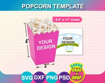 Popcorn Box Template (svg, dxf, png, psd, docx, canva), Printable (Digital Download)
