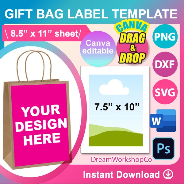 7.5x10 Gift Bag Label, SVG, DXF, Canva, Ms Word Docx, Png, PSD, 8.5"x11" sheet, Printable