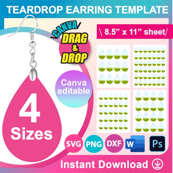 SALES!!! 4 sizes Teardrop Earring Sublimation, Teardrop Shape Earring Template, SVG, Canva, DXF, Ms word Docx, Png, Psd
