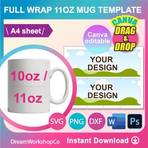 Op de afbeelding: Een witte 11-ounce mok sjabloon voor Canva. De sjabloon bevat twee ontwerpgebieden met een blauwe lucht en groene heuvels achtergrond. De tekst "YOUR DESIGN" wordt in elk ontwerpgebied weergegeven. De sjabloon is beschikbaar in SVG, PNG, DXF en Photoshop formaten.