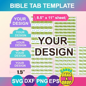 Può includere: Modello di schede bibliche con il testo "YOUR DESIGN" su schede colorate. Il design include un formato foglio di 21,6 cm x 28 cm e una larghezza di 3,8 cm. L'immagine include anche il testo "CANVA DRAG & DROP" e icone di tipo di file.