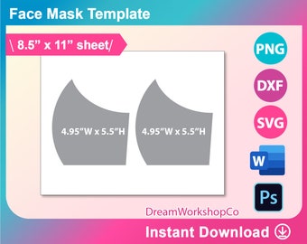 Face Mask Template , Face Mask Template for Sublimation, Ms word, PSD, PNG, SVG, Dxf, 8.5 x 11 Letter size sheet, Printable