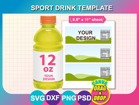 Sport Drink Bottle Label Template, Canva, SVG, DXF, Psd, Png, 8.5x11 Sheet, Digital Download