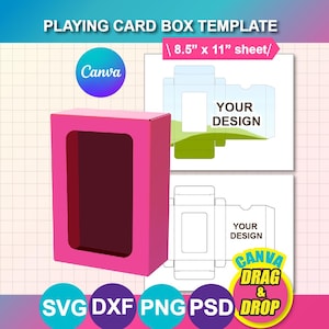 May include: A pink playing card box template with a rectangular window, next to a diagram of the box's design. The text reads "PLAYING CARD BOX TEMPLATE" and "8.5" x 11" sheet/". Includes Canva and file type icons.