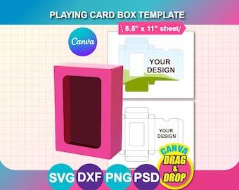 May include: A pink playing card box template with a rectangular window, next to a diagram of the box's design. The text reads "PLAYING CARD BOX TEMPLATE" and "8.5" x 11" sheet/". Includes Canva and file type icons.