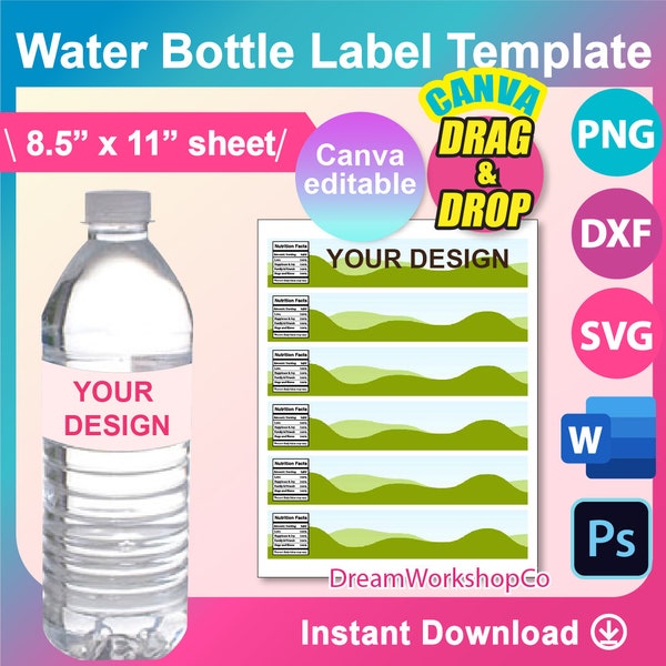 Water bottle Labels template, water bottle label blank template SVG, Canva, DXF, Ms Word Docx, Png, PSD, 8.5"x11" sheet, Printable