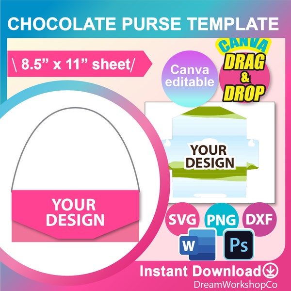 1.55oz Chocolate Bar Purse Template, SVG, DXF, Canva, Ms Word Docx, Png, PSD, 8.5"x11" sheet, Printable