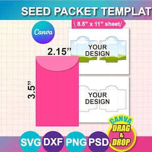 Op de afbeelding: Een roze zaadzakjessjabloon van 8,9 cm x 5,46 cm wordt getoond. Het ontwerp bevat een Canva-logo, de tekst "YOUR DESIGN" en de woorden "SEED PACKET TEMPLATE". De sjabloon is ontworpen voor een A4-vel en biedt SVG-, DXF-, PNG- en PSD-bestandsformaten.