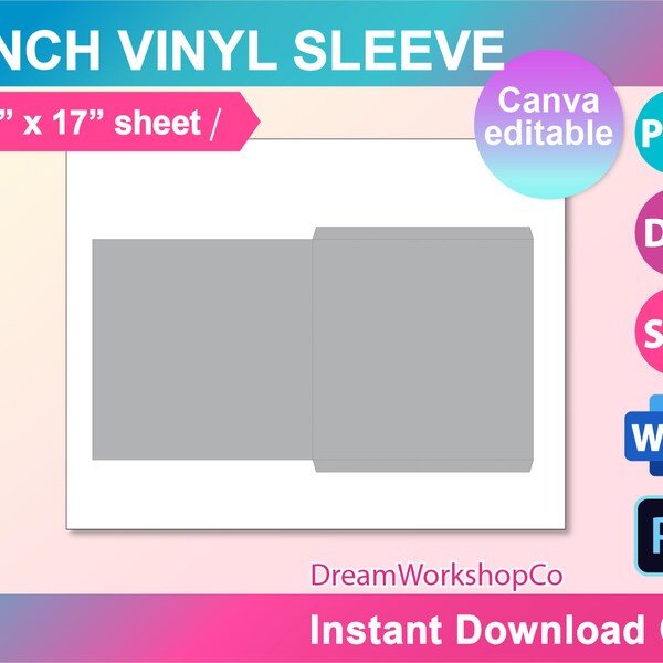 7inch Vinyl Sleeve Template, Ms word, PSD, Png, SVG, Canva, Dxf, 8.5x11" sheet, Printable, Instant Download