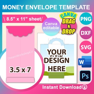 Scalloped Money Envelope Template, Case Envelope Cut file, SVG, Canva, Ms word, PNG, SVG, Dxf, 8.5x11" sheet, Printable, Instant Download