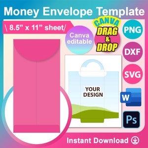 Plantilla para portamonedas, sobre para dinero, archivo recortado para sobre de caja, SVG, Canva, Ms word, PNG, SVG, Dxf, hoja de 8,5 x 11 pulgadas, imprimible