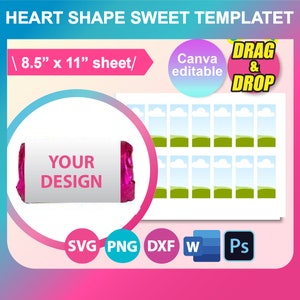 Modelo de embalagem de doces em formato de coração SVG, DXF, Ms Word Docx, Png, Psd, folha de 8,5" x 11", para impressão