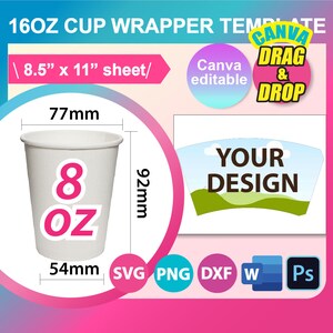 8oz Cup Wrapper Template, Coffee Cup Wrapper Template, SVG, Canva, DXF ...