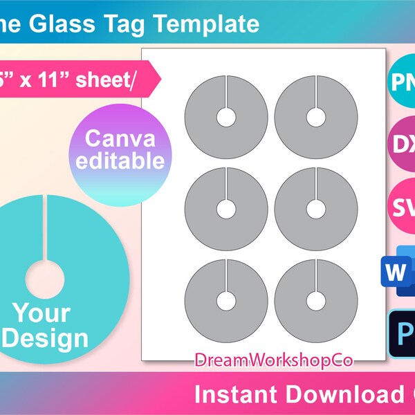 3" Wine Glass Tag Template, Wine Glass Name Tag Template, SVG, DXF, Ms Word Docx, Canva, Png, Psd, 8.5"x11" sheet, Printable