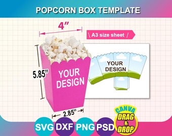 Popcorn Box Template, Snack Box (svg, dxf, png, psd) (A3 Sheet)