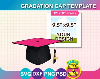 May include: A graduation cap template with a pink top and black base. The image includes text that reads "GRADATION CAP TEMPLATE", "12" x 12" sheet", "9.5" x 9.5"", and "YOUR DESIGN". The image also includes the text "CANVA DRAG & DROP" and file type icons.