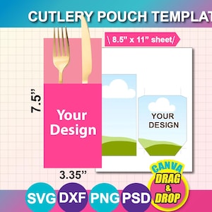 Cutlery pouch Template, Cutlery Set template, Cutlery Paper Holder Template, SVG, Canva, DXF, Ms Word DOCX, Png, Psd, 8.5"x11" sheet