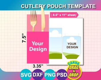 Cutlery pouch Template, Cutlery Set template, Cutlery Paper Holder Template, SVG, Canva, DXF, Ms Word DOCX, Png, Psd, 8.5"x11" sheet