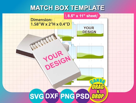 Matchbox Template, Matchbox Template SVG, DXF, Canva, Ms Word DOCX, Png, Psd, 8.5"x11" sheet, Printable