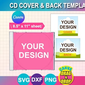 Könnte beinhalten: Eine digitale CD-Cover- und Rückseitenvorlage mit einer rosa quadratischen Hülle mit dem Text YOUR DESIGN sowie einem weißen Blatt mit Layouts. Die Grafik enthält den Text CD COVER & BACK TEMPLATE, 8.5" x 11" sheet, Canva, SVG, DXF, PNG und DRAG & DROP.