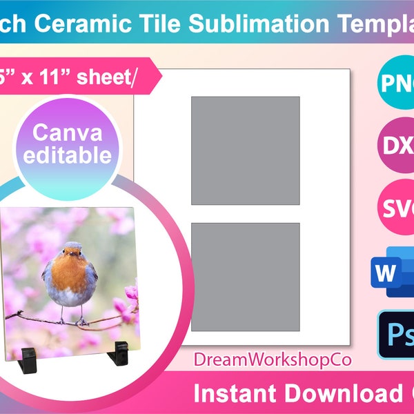 4" x 4" Square Ceramic Tile Template, Template for Sublimation, SVG, DXF, Canva, Ms Word Docx, Png, Psd, 8.5"x11" feuille, Imprimable