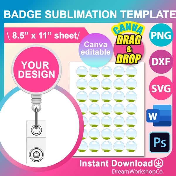 Badge Reel Sublimation,  Badge Reel Display Card, Badge Reel Card Template, SVG, Canva, DXF, Ms Word docx, Png, Psd, 8.5"x11" sheet