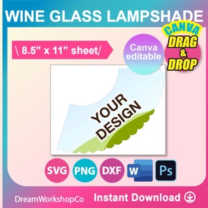 Puede incluir: Una plantilla de descarga digital para una pantalla de lámpara de copa de vino. La plantilla está diseñada para ser utilizada con Canva, una plataforma de diseño gráfico. La plantilla incluye un borde festoneado y un diseño verde y azul. El texto "YOUR DESIGN" está incluido en la plantilla.