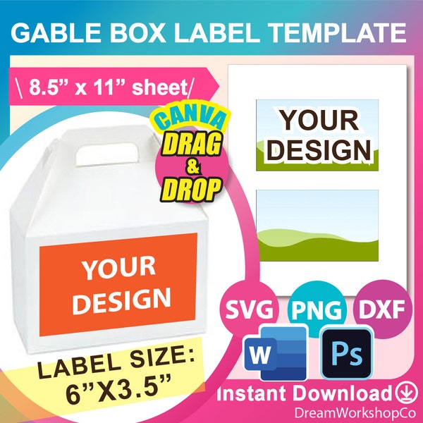 6x3.5 Gable Box Label Template,  SVG, DXF, Canva, Ms Word Docx, Png, Psd, 8.5"x11" sheet, Printable