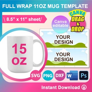 15 Unzen Becher Vorlage, 15 Unzen Becher Full Wrap Vorlage, Sublimationsvorlage, Canva, SVG, DXF, Ms Word Docx, Png, Psd, 8,5 &quot;x 11&quot; Blatt, bedruckbar