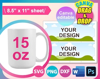 15 Unzen Becher Vorlage, 15 Unzen Becher Full Wrap Vorlage, Sublimationsvorlage, Canva, SVG, DXF, Ms Word Docx, Png, Psd, 8,5 "x 11" Blatt, bedruckbar