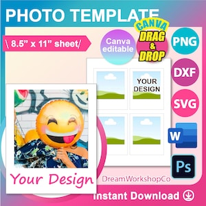 Retro Photo Frame SVG Template, Instant Camera Frame, SVG, DXF, Canva, Ms Word Docx, Png, Psd, 8.5"x11" sheet, Printable